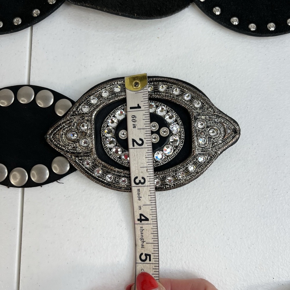 Leather Studded Belt Large 38 Bling Buckle Conch Style Black Silver Southwestern - Picture 16 of 16